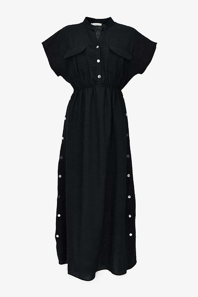 birizmoda Women's Lined Button Detailed Short Sleeve Long Dress - Black