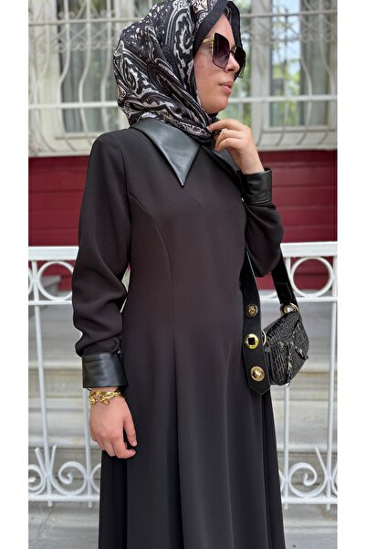 BukrinaCo Zara deri yakalı kollu krep kumaş tesettür elbise