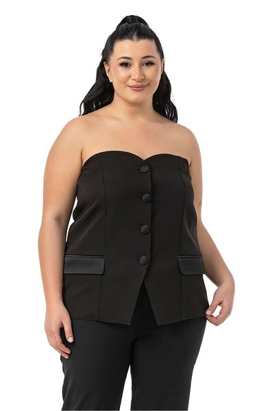 DISENTIS MODEST Plus Size Satin Ornament Pocket Flap and Satin Overlay Button Back Elastic Waist Black Bustier