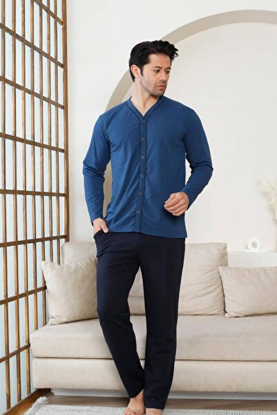 ALİMER Ανδρικό Σετ Πιτζάμες με Κουμπιά Μπροστά - Μακρυμάνικο Ινδικό Μπλουζάκι...