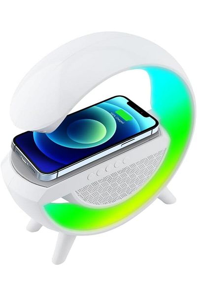 OEM 3-in-1 multifunctional speaker, RGB LED light, wireless phone charger, radio, 225*82*230mm, white