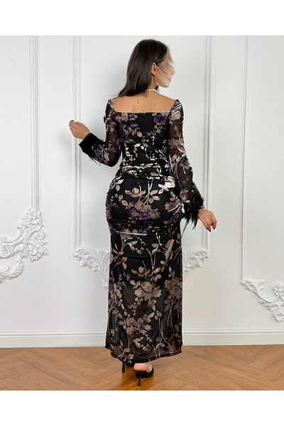 toog Floral print dress with black feathers at the end of the sleeves