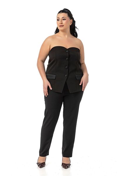 DISENTIS MODEST Plus Size Satin Ornament Pocket Flap and Satin Overlay Button Back Elastic Waist Black Bustier