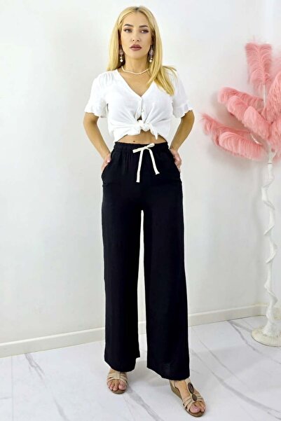 FashionForYou Long day pants, cotton MERON, with drawstring and wide cut, Black, -