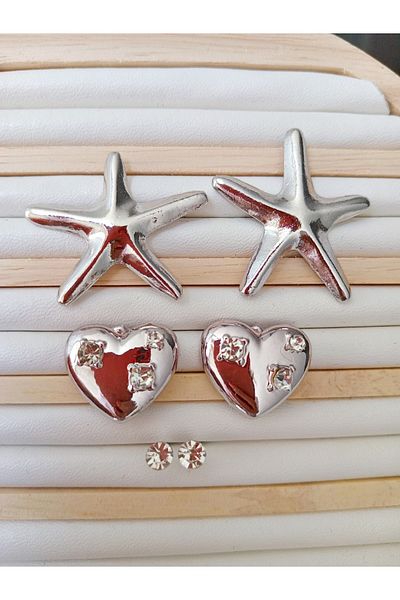 mos&more 6 Piece, Starfish, Heart Stylish Lightweight Women's Earrings, Silver
