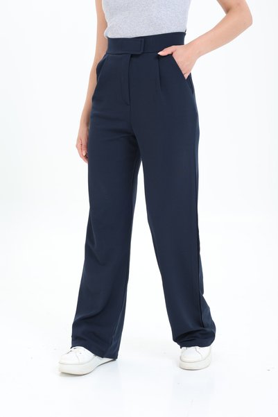 Pientro Women's Line Lycra Zipper Closure Pleated Navy Blue Palazzo Trousers