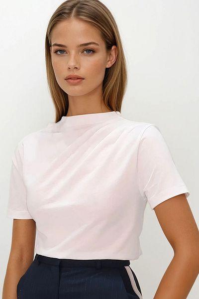 VAGGON Women's White Stand Collar Shoulder Draped Cotton Blouse Vs00190