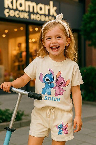 Kidmark Çocuk Modası Girl's Stitch Printed 100% Cotton Summer Suit