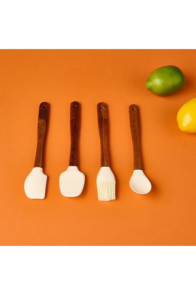 AROW 4-Piece Acacia Handle Silicone Serving Set - Cream / Brown