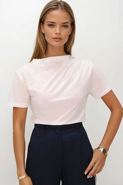 VAGGON Women's White Stand Collar Shoulder Draped Cotton Blouse Vs00190