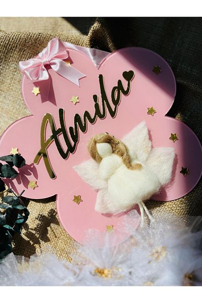 Pass Pano "Name-Specific Plexiglass Baby Door Ornament 30 cm – Fairy Girl and Flower Model"
