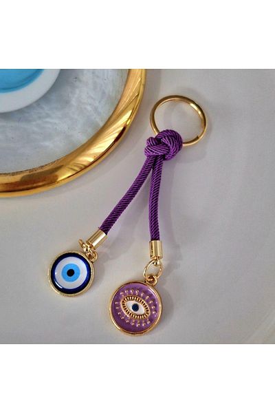 Svc Aksesuar Gift Double Evil Eye Beaded Keychain - Purple (10.5 cm)