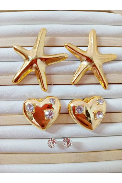 mos&more 6 Piece, Starfish, Heart Stylish Lightweight Women's Earrings, Gold