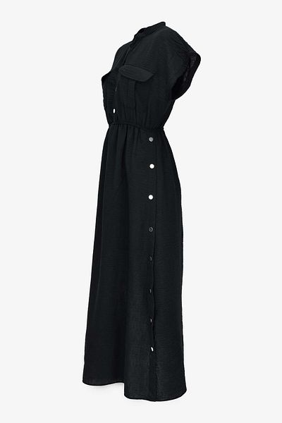 birizmoda Women's Lined Button Detailed Short Sleeve Long Dress - Black