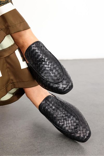 5in1Canpolat Black Leather Knitted Slippers 34310