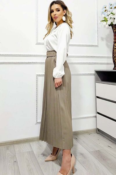 FashionForYou Fustă office plisată BELORI cu curea decorativă, bej închis, mărime S/M/L