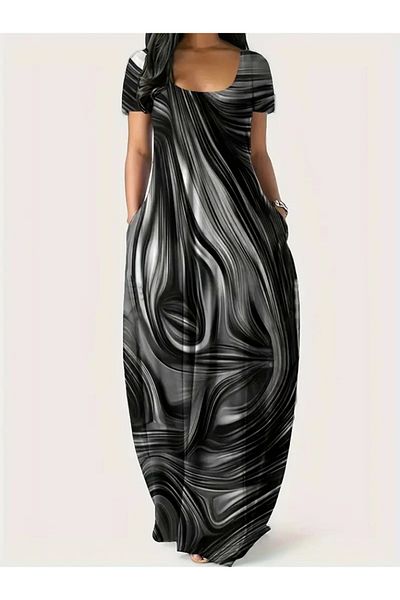 MODA Women's Short Sleeve Round Neck Pocket Loose Printed Single Jersey Dress