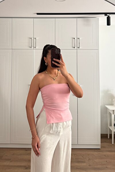 Güneş V Kesim Straplez Bluz- Kaplı Yırtmaçlı Büzgülü Drapeli Straplez