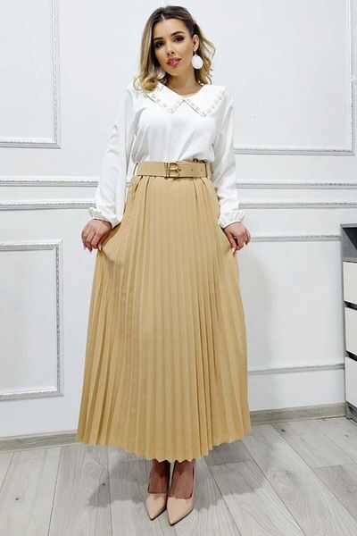FashionForYou Fustă de zi plisată BELORI și curea decorativă, bej, mărime S/M/L