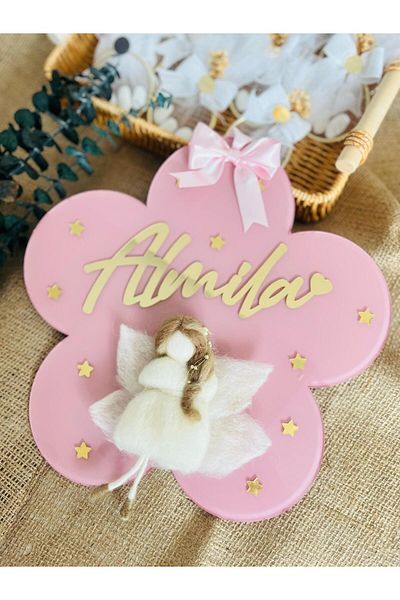 Pass Pano "Name-Specific Plexiglass Baby Door Ornament 30 cm – Fairy Girl and Flower Model"