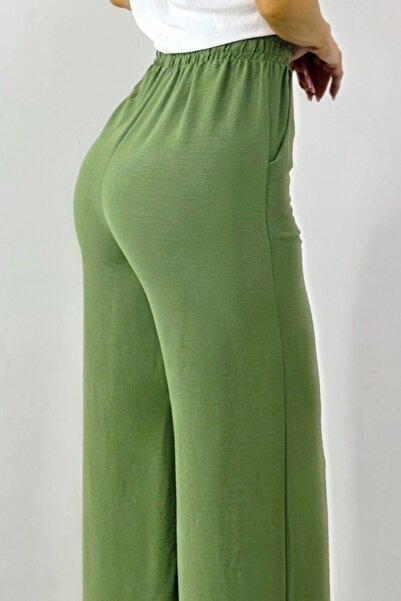 FashionForYou Pantaloni lungi casual, bumbac MERON, croiala wide leg si snur, KAKI, -