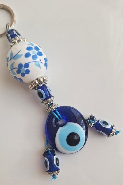 Svc Aksesuar Gift Ceramic Detailed Evil Eye Beaded Keychain 13 cm