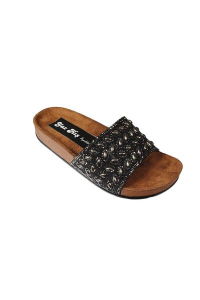 Yaz Kış Ayakkabı Yazkiş Women's Black Platinum Stone Glitter Flat Sole Slippers