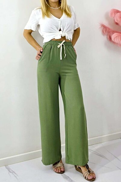 FashionForYou Pantaloni lungi casual, bumbac MERON, croiala wide leg si snur, KAKI, -