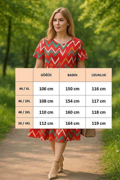 FOR ESRA BIG TREND Women's Plus Size Patterned Wide Collar Hem Flounced Short Sleeve Midi Length Woven Dress