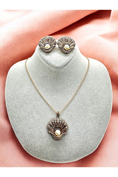 FUYA JEWELLERY İnci Taşlı İnci Detaylı Midye Kolye, Küpe Set