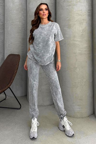 FashionForYou Set RAVEL din catifea, cu tricou stilizat și pantaloni cu șnur, GRI, L