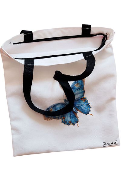 BEKZ Sacosa Textila Cu Fermoar, Geanta Tote, Cu Litera U Si Mandala, 38x34.5 Cm, Alba, ®