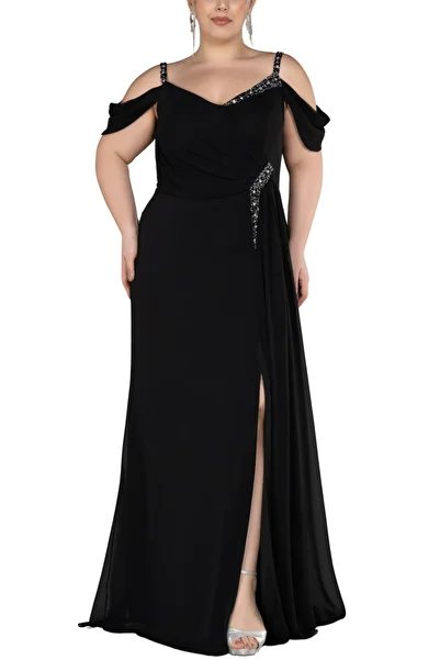 Arden Plus Size Evening Dress, Long Chiffon Boat Neck, Rhinestone Slit Dress, Wedding, Engagement, Wedding Dress,44-58