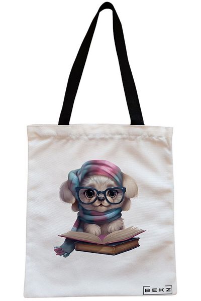 BEKZ Sacosa Textila Cu Fermoar, Geanta Tote, Model Abstract Human Art, 38x34.5 Cm, Alba, ®