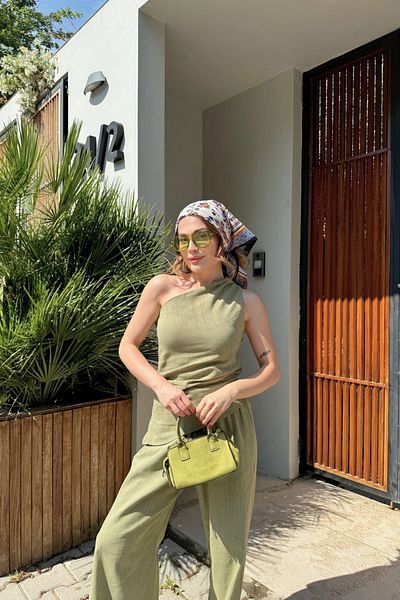 FMN Moda Linen Fabric One Shoulder Draped Detail Design Blouse Palazzo Wide Leg High Waist Pants Pinterest Suit