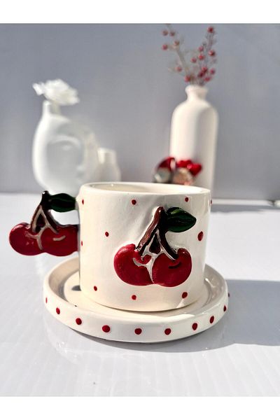 AYLEFE HOBBY Cherry Detailed Handmade Ceramic Mug 120ml