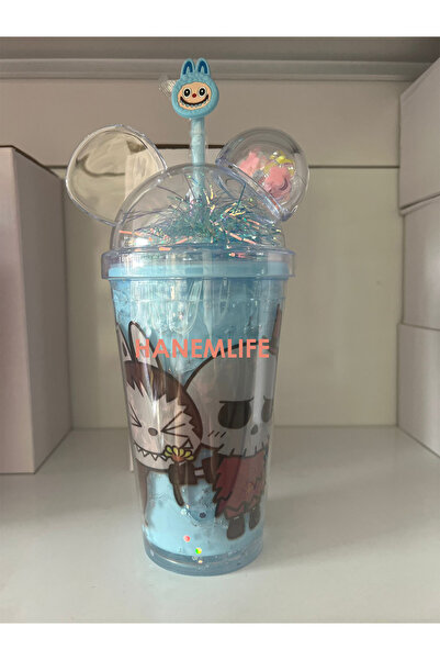 hanemlife Labubu Glass with Straw, Figured Water Bottle, La Bu Bu