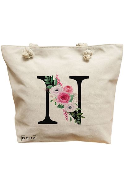 BEKZ Sacosa Textila Cu Fermoar, Geanta Tote, Model Flowers 8 38 X 34.5 Cm, Alb, ®