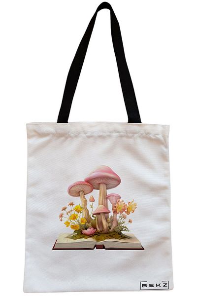 BEKZ Sacosa Textila Cu Fermoar, Geanta Tote, Model Design Botanic, 38x34.5 Cm, Alba, ®