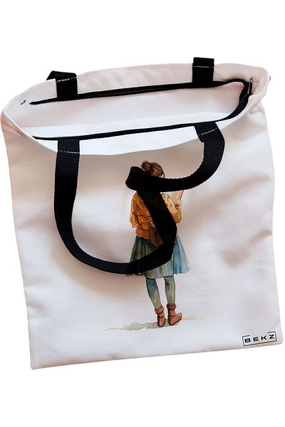 BEKZ Sacosa Textila Cu Fermoar, Geanta Tote, Model Cantec Floral, 38x34.5 Cm, Alba, ®