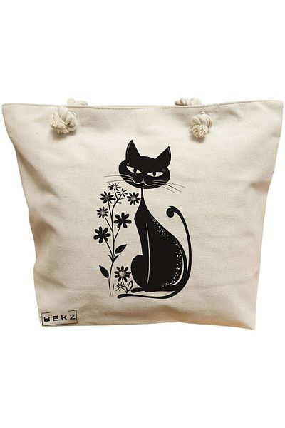 BEKZ Geanta de plaja, model Cat and Flowers 9, 40x51 cm, Crem, BEKZ®