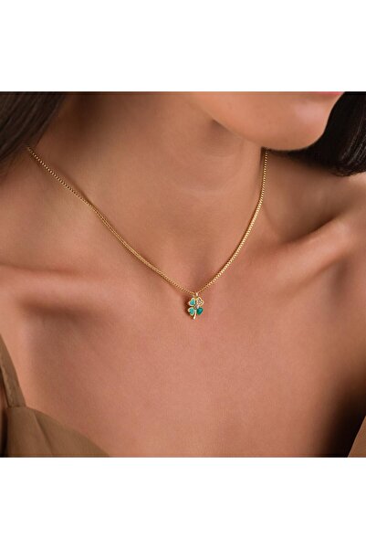 HOBİSY GIFT SHOP Şans Yoncası Figürlü Kadın Kolye , Zirkon Taş Detaylı, Kararmaz Şık Takı - Altın Kaplama Yeşil Yonca