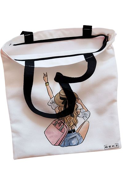 BEKZ Sacosa Textila Cu Fermoar, Geanta Tote Travel Girl 7, 38x34.5 Cm, Alba, ®