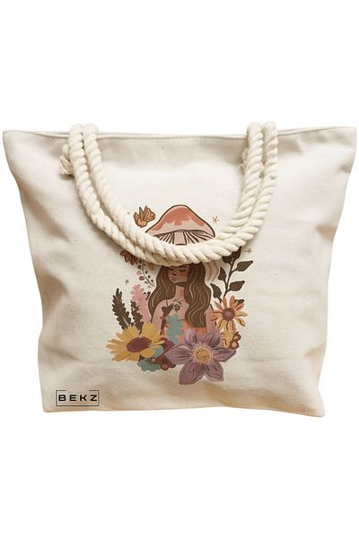 BEKZ Sacosa Textila Cu Fermoar, Geanta Tote, Model Caffeine Cat 38 X 34.5 Cm, Alb, ®