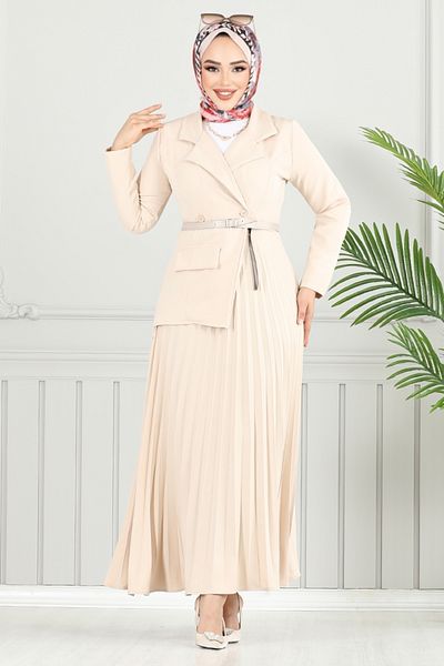 ModaMerve Φόρεμα Hijab με διπλό γιακά 4747ZNK903-M Stone