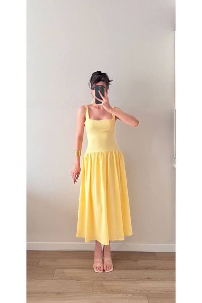 LOCH BUTİK Women's Yellow Strap Gathered Waist Midi Dress