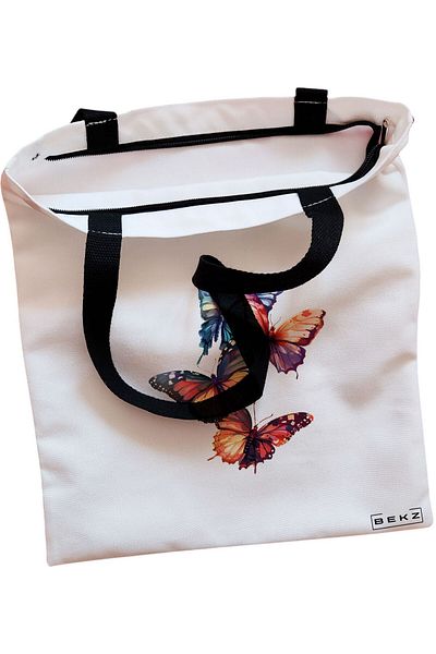 BEKZ Sacosa Textila Cu Fermoar, Geanta Tote, Cu Litera W Si Mandala, 38x34.5 Cm, Alba, ®