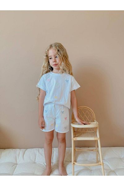 cacakids Top Lycra Single Jersey Bottom Linen Fabric Girls Suit with Double Shorts