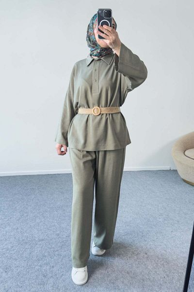 Hatun Atila Double Suit with Buttoned Collar and Belted Trousers 5207 - Khaki