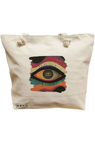 BEKZ Sacosa Textila Cu Fermoar, Geanta Tote, Model Beach Life 2 38 X 34.5 Cm, Alb, ®